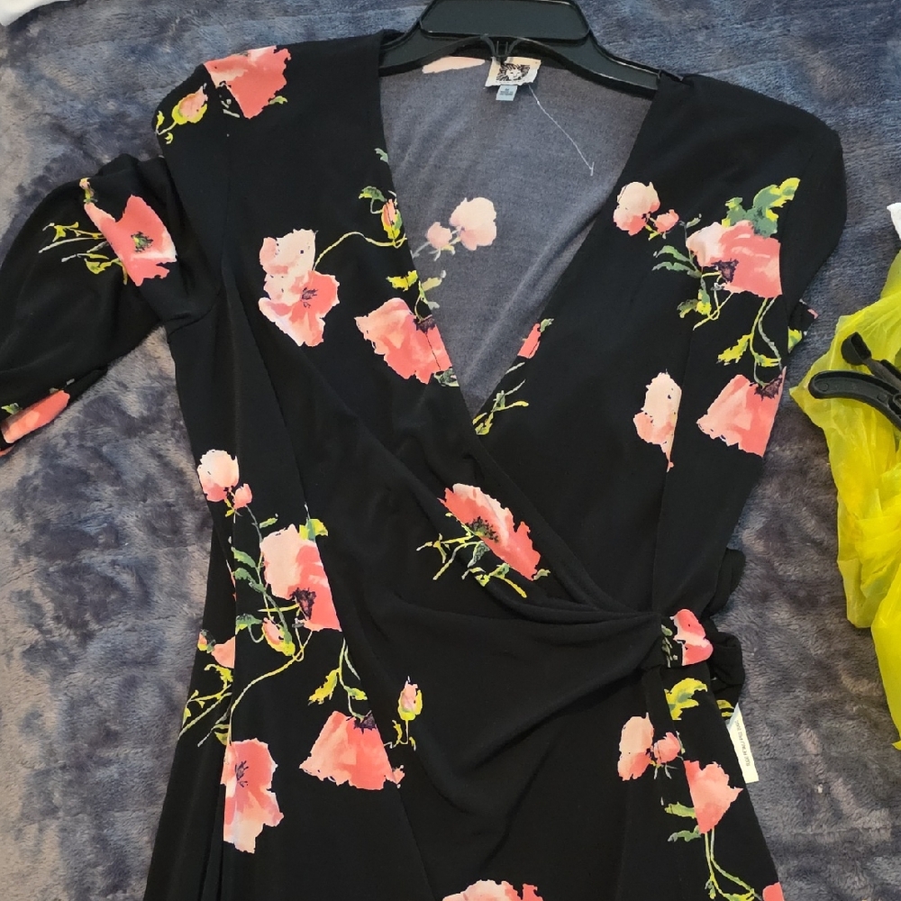 Anne Klein Black Midi Wrap Dress with Coral Floral Print